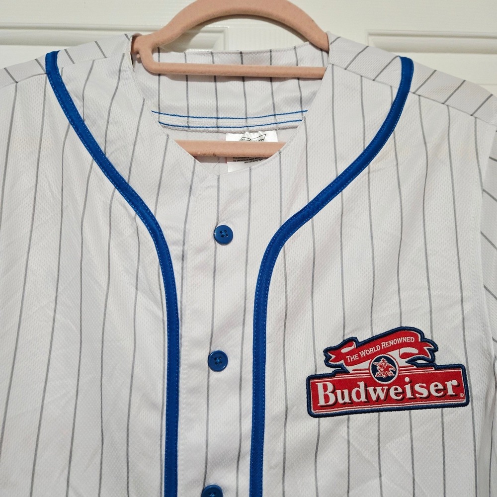 Budweiser Baseball Jersey White Pinstripe Blue Trim Button Front S Unisex NWOT